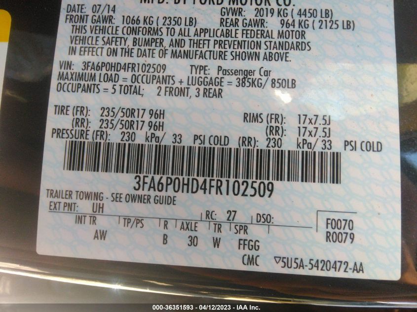 2015 FORD FUSION SE - 3FA6P0HD4FR102509