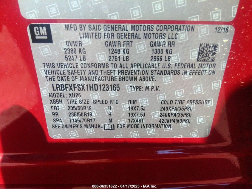 2017 BUICK ENVISION PREMIUM II - LRBFXFSX1HD123165