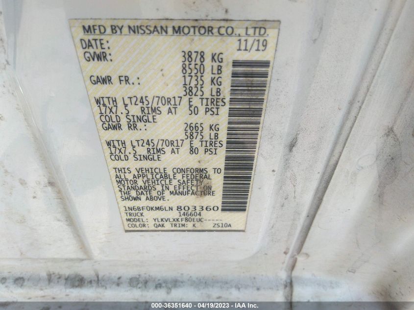 2020 NISSAN NV CARGO SV 1N6BF0KM6LN803360