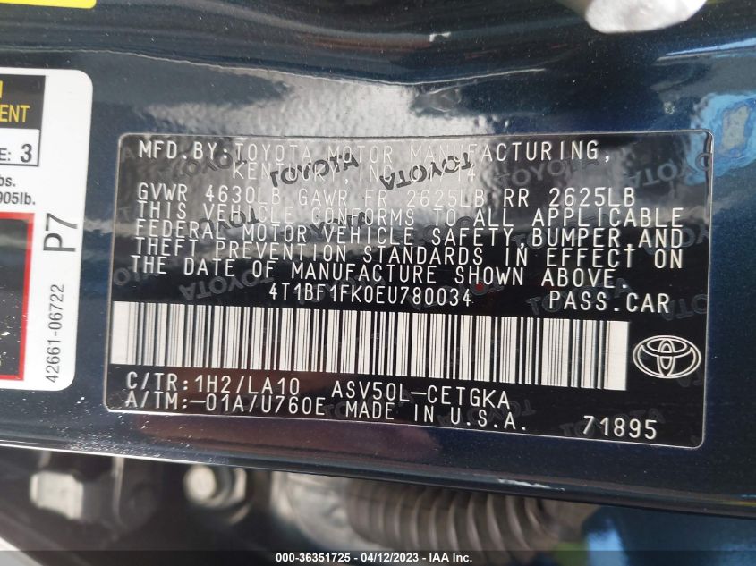 2014 TOYOTA CAMRY L/LE/XLE/SE/SE SPORT - 4T1BF1FK0EU780034
