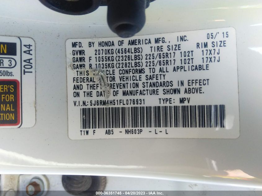 2015 HONDA CR-V EX - 5J6RM4H51FL076931