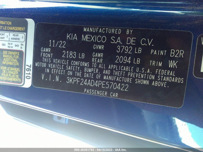 2023 KIA FORTE LXS - 3KPF24AD4PE570422