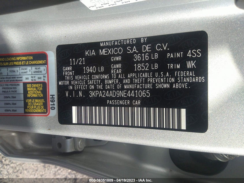 VIN 3KPA24AD9NE441065 2022 KIA RIO LX