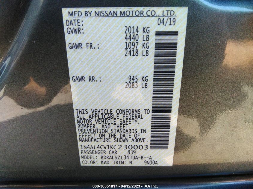 2019 NISSAN ALTIMA 2.0 SR - 1N4AL4CV1KC230003
