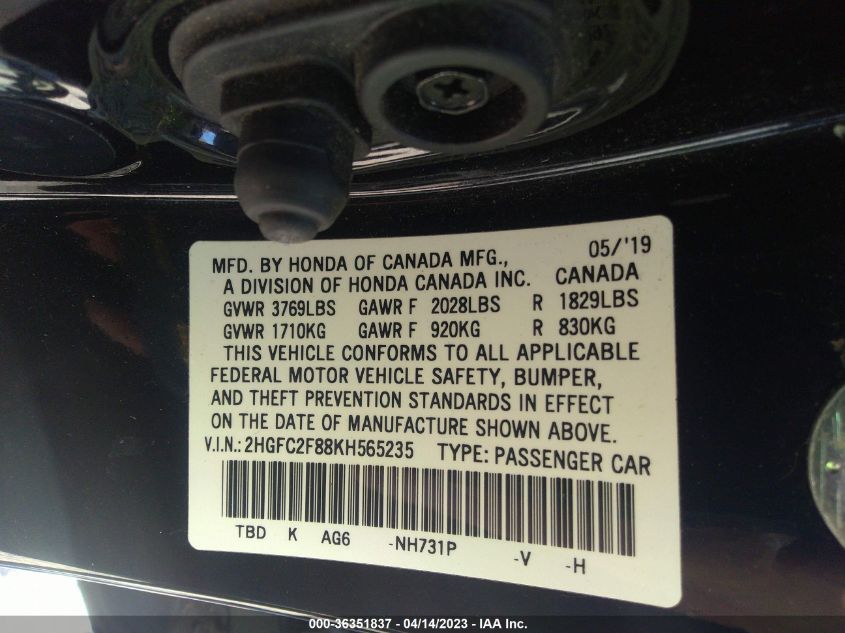 2019 HONDA CIVIC SEDAN SPORT - 2HGFC2F88KH565235