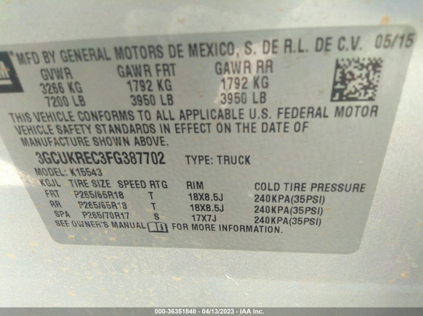 2015 CHEVROLET SILVERADO 1500 LT - 3GCUKREC3FG387702