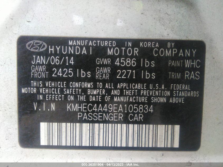 2014 HYUNDAI SONATA HYBRID LIMITED - KMHEC4A49EA105834