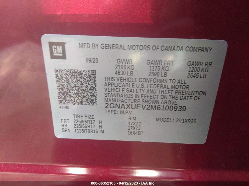 2021 CHEVROLET EQUINOX LT - 2GNAXUEV2M6100939