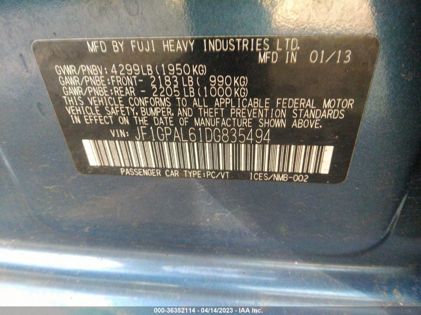 2013 SUBARU IMPREZA WAGON 2.0I SPORT PREMIUM - JF1GPAL61DG835494