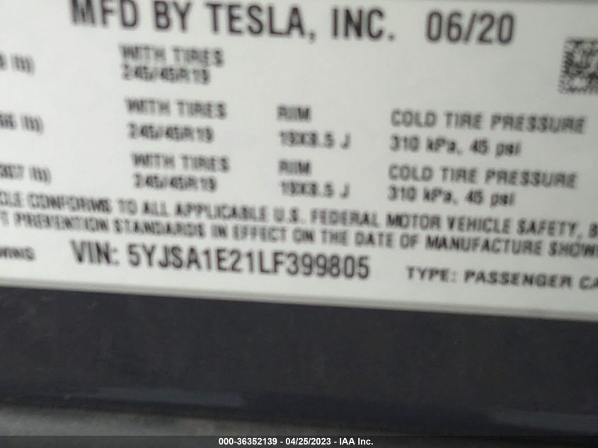 2020 TESLA MODEL S LONG RANGE - 5YJSA1E21LF399805