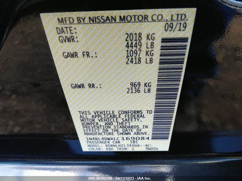 VIN 1N4BL4DWXLC169084 2020 NISSAN ALTIMA 2.5 SV