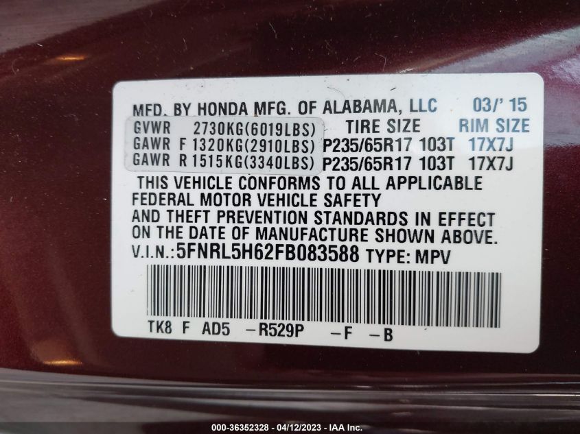 2015 HONDA ODYSSEY EX-L - 5FNRL5H62FB083588