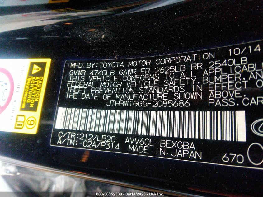 2015 LEXUS ES 300H HYBRID JTHBW1GG5F2085686