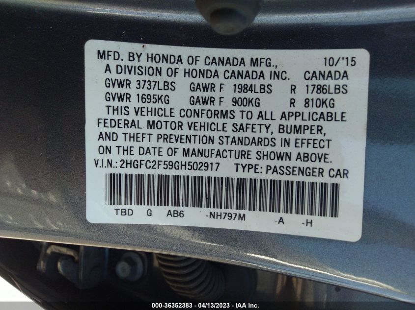 2016 HONDA CIVIC SEDAN LX - 2HGFC2F59GH502917