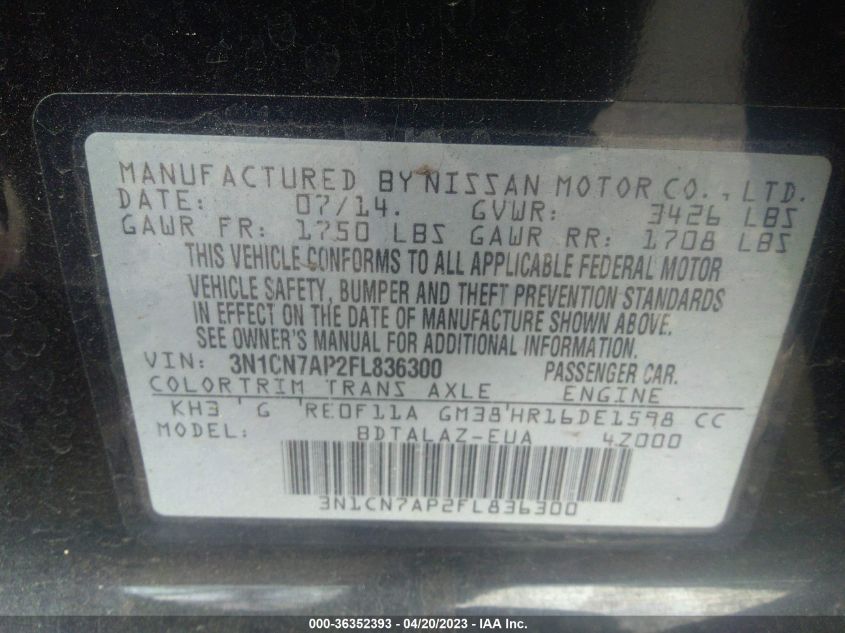 2015 NISSAN VERSA S PLUS - 3N1CN7AP2FL836300