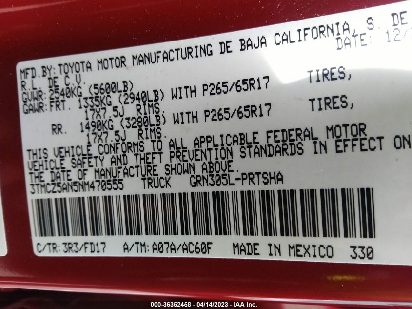2022 TOYOTA TACOMA 4WD SR/SR5/TRD SPORT - 3TMCZ5AN5NM470555