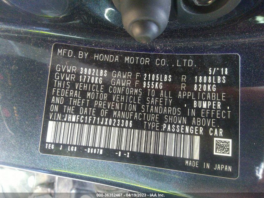 2018 HONDA CIVIC SEDAN EX-L - JHMFC1F71JX023306