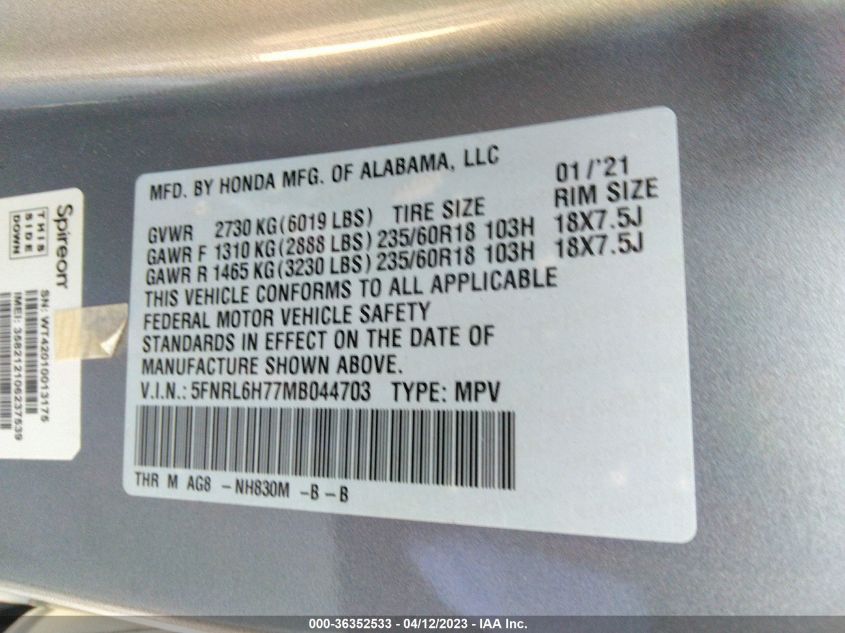2021 HONDA ODYSSEY EX-L - 5FNRL6H77MB044703