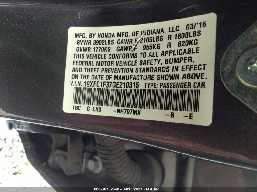 2016 HONDA CIVIC SEDAN EX-T - 19XFC1F37GE210315