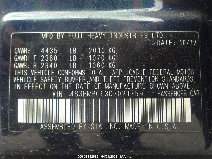 2013 SUBARU LEGACY 2.5I PREMIUM - 4S3BMBC63D3021759