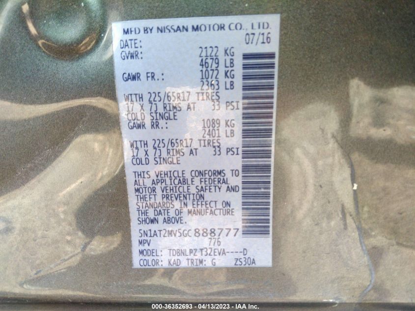2016 NISSAN ROGUE S - 5N1AT2MV5GC888777