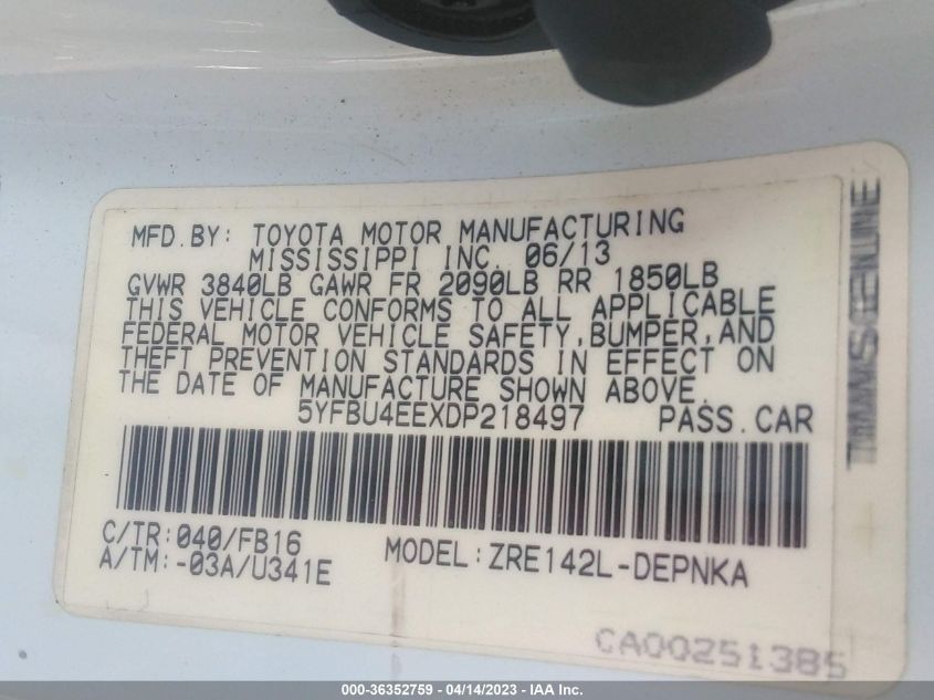 2013 TOYOTA COROLLA L/LE/S - 5YFBU4EEXDP218497