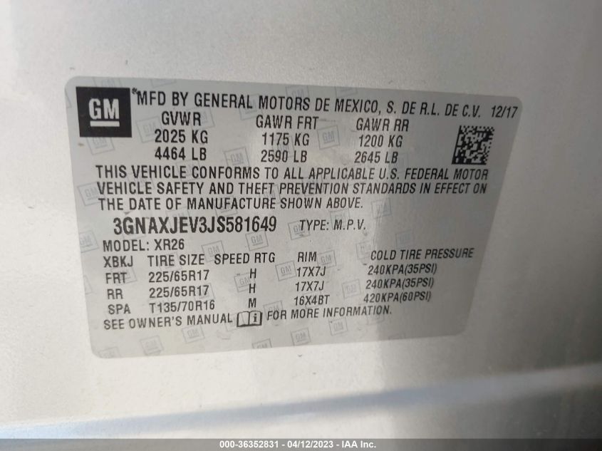 2018 CHEVROLET EQUINOX LT - 3GNAXJEV3JS581649