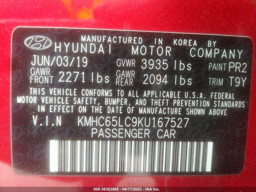 VIN KMHC65LC9KU167527 2019 HYUNDAI IONIQ HYBRID BLUE
