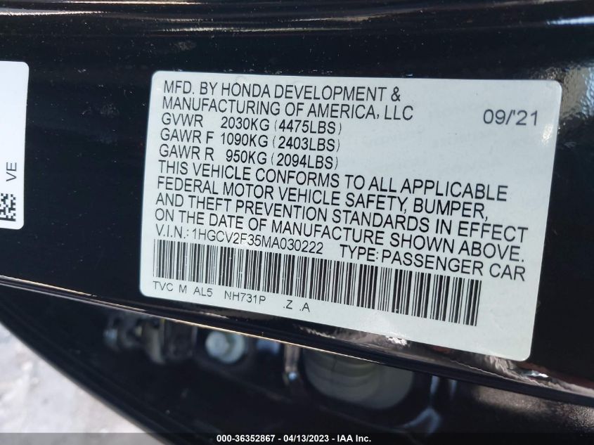 2021 HONDA ACCORD SEDAN SPORT - 1HGCV2F35MA030222