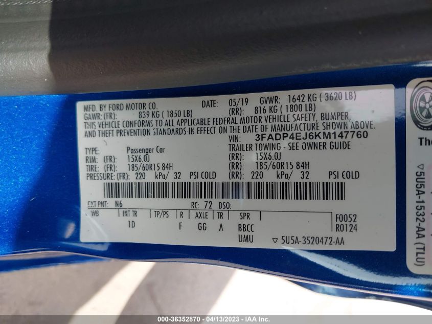 2019 FORD FIESTA SE - 3FADP4EJ6KM147760