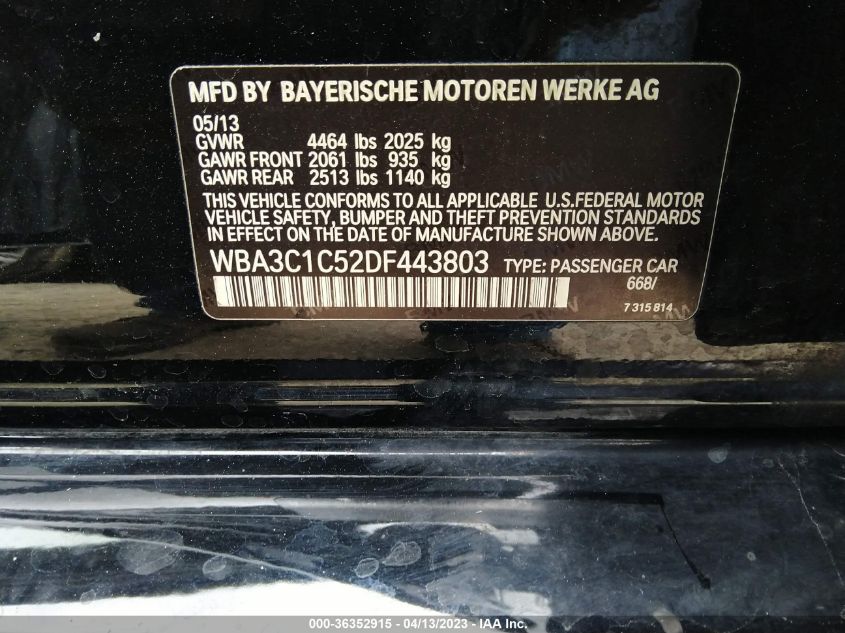 2013 BMW 3 SERIES 328I - WBA3C1C52DF443803
