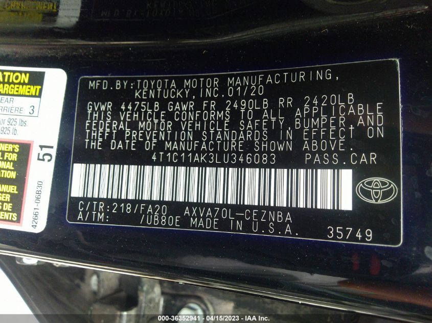 2020 TOYOTA CAMRY LE - 4T1C11AK3LU346083
