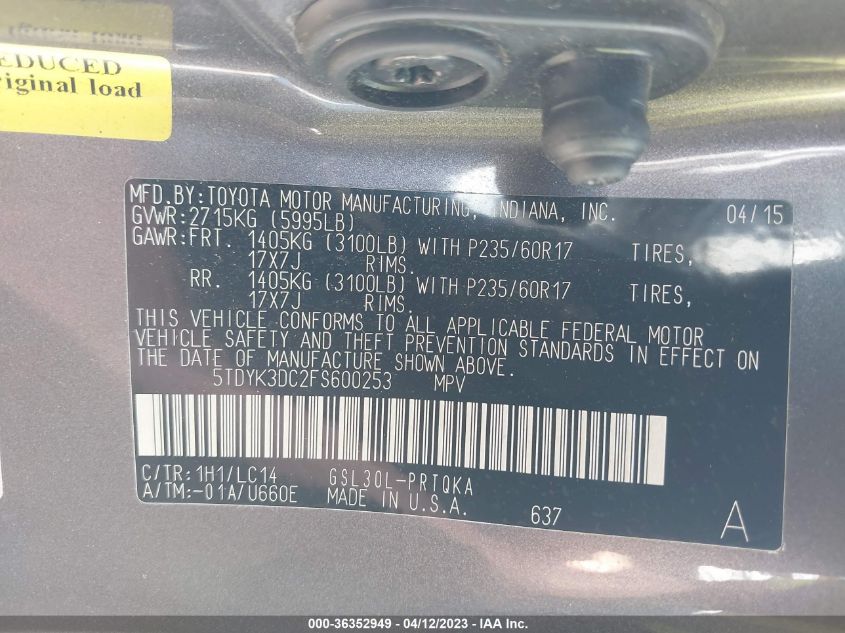 2015 TOYOTA SIENNA XLE/XLE AAS/LTD - 5TDYK3DC2FS600253