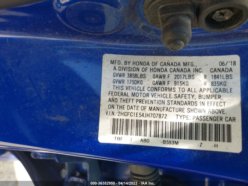 2018 HONDA CIVIC SI SEDAN 2HGFC1E54JH707872