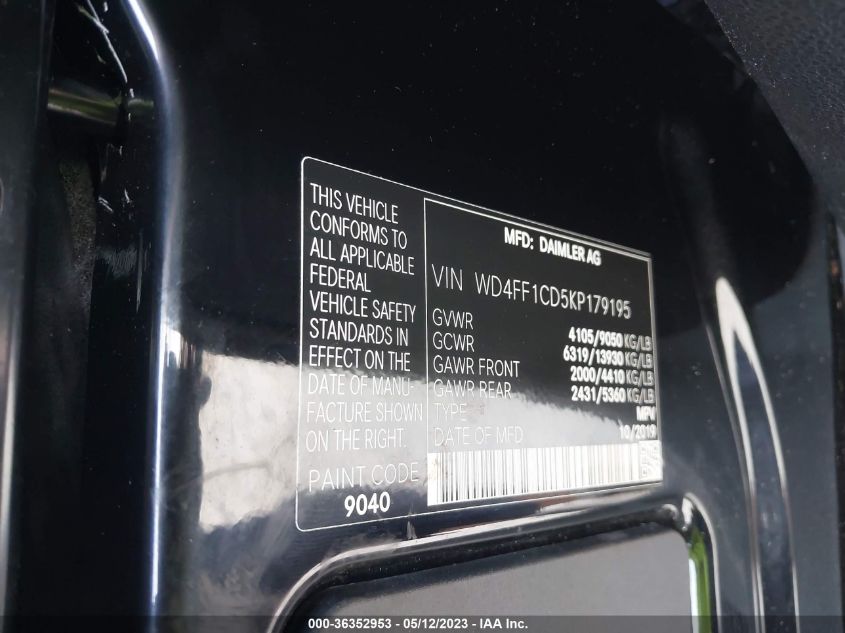 2019 MERCEDES-BENZ SPRINTER VAN WD4FF1CD5KP179195