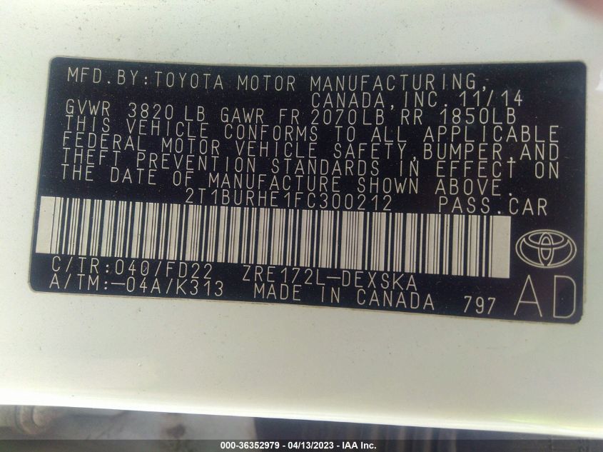 2015 TOYOTA COROLLA L/LE/S/S PLUS/LE PLUS - 2T1BURHE1FC300212