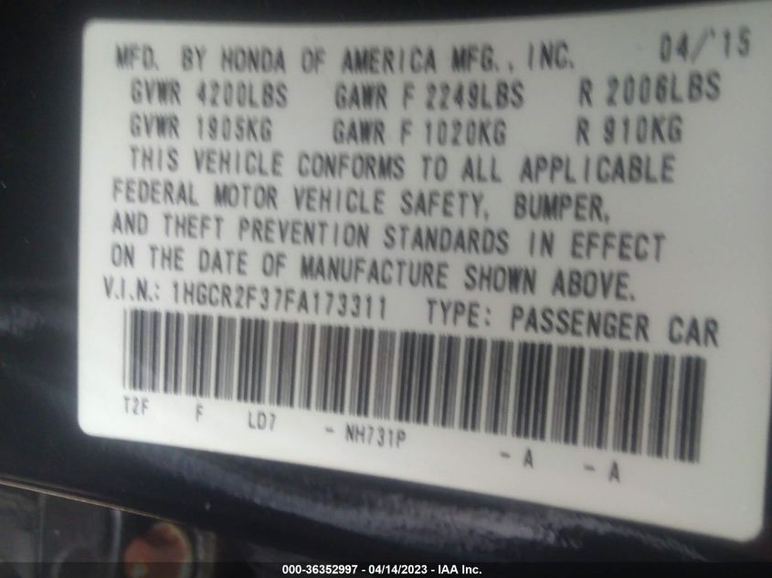2015 HONDA ACCORD SEDAN LX - 1HGCR2F37FA173311