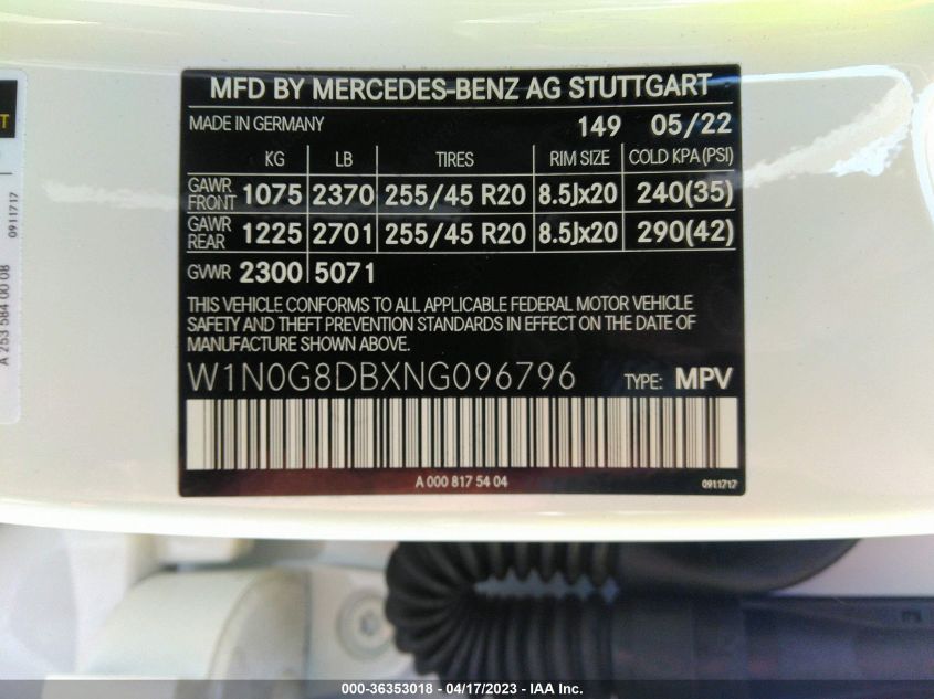 2022 MERCEDES-BENZ GLC GLC 300 - W1N0G8DBXNG096796