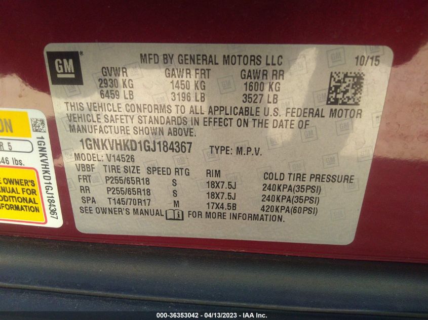 2016 CHEVROLET TRAVERSE LT - 1GNKVHKD1GJ184367