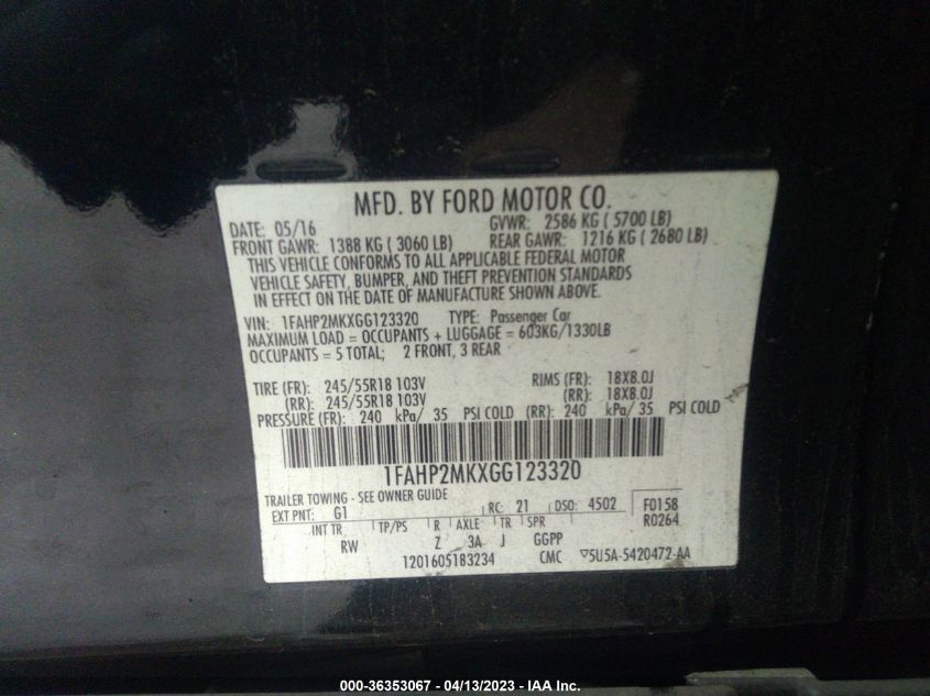 2016 FORD SEDAN POLICE INTERCEPTOR 1FAHP2MKXGG123320
