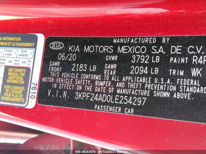 2020 KIA FORTE LXS - 3KPF24AD0LE254297