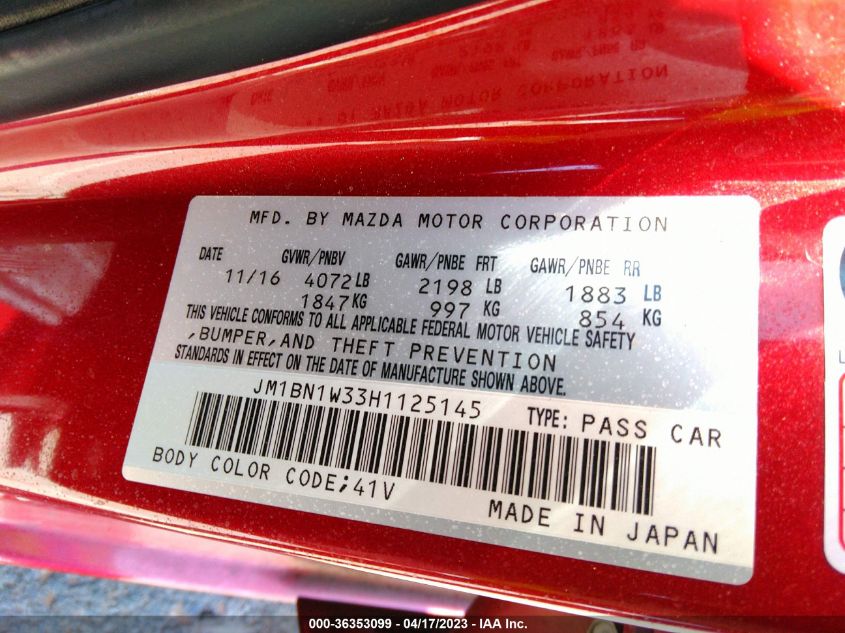 2017 MAZDA MAZDA3 4-DOOR GRAND TOURING JM1BN1W33H1125145