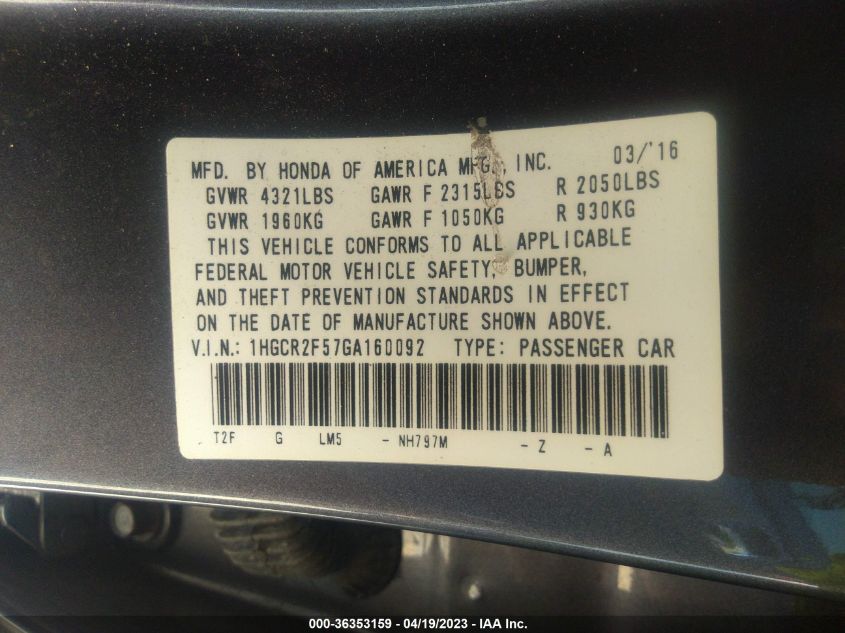 2016 HONDA ACCORD SEDAN SPORT - 1HGCR2F57GA160092