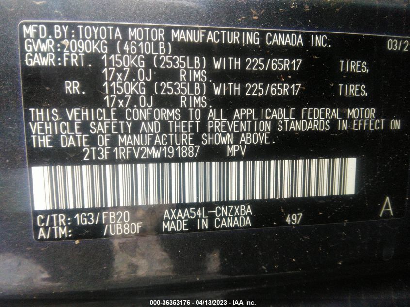 2021 TOYOTA RAV4 LE - 2T3F1RFV2MW191887