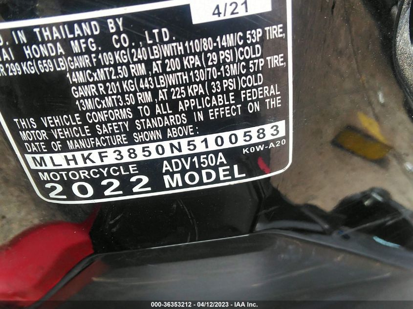 2022 HONDA ADV150 A MLHKF3850N5100583