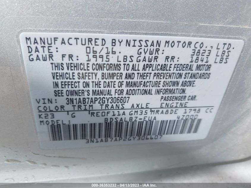 2016 NISSAN SENTRA S - 3N1AB7AP2GY306607