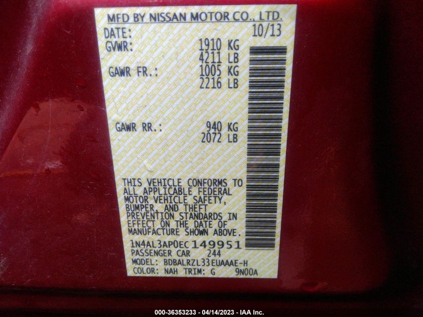 2014 NISSAN ALTIMA 2.5 S - 1N4AL3AP0EC149951