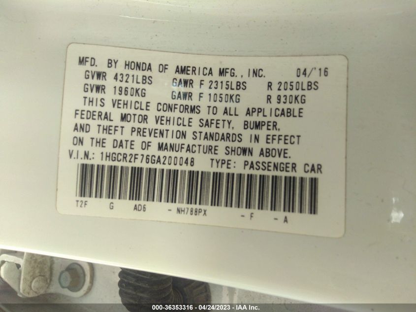 2016 HONDA ACCORD SEDAN EX - 1HGCR2F76GA200048