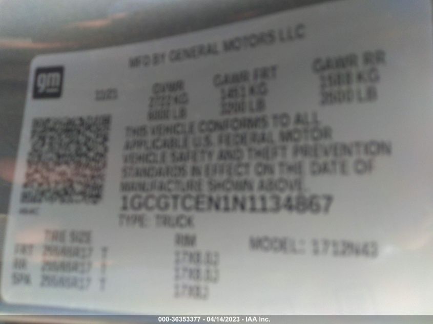 2022 CHEVROLET COLORADO 4WD LT - 1GCGTCEN1N1134867