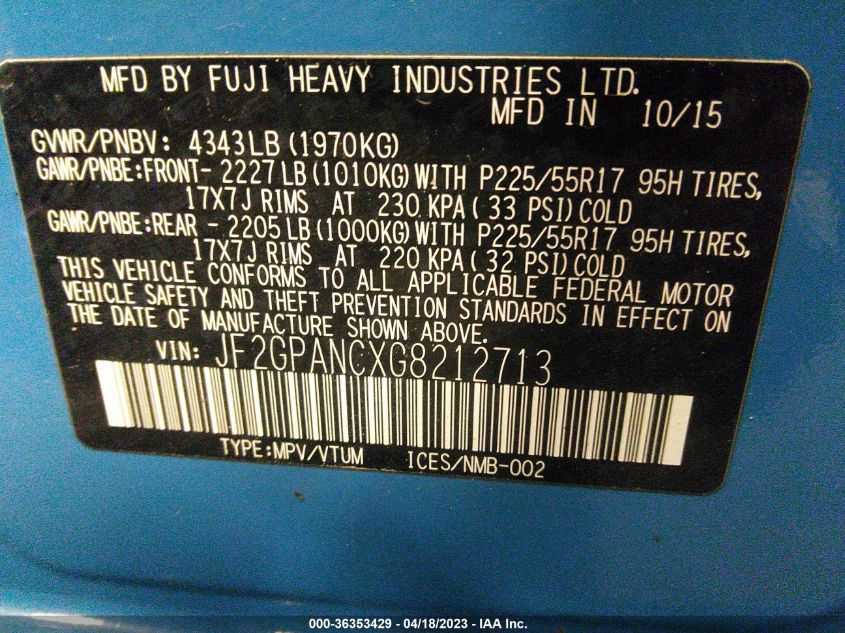 2016 SUBARU CROSSTREK LIMITED - JF2GPANCXG8212713